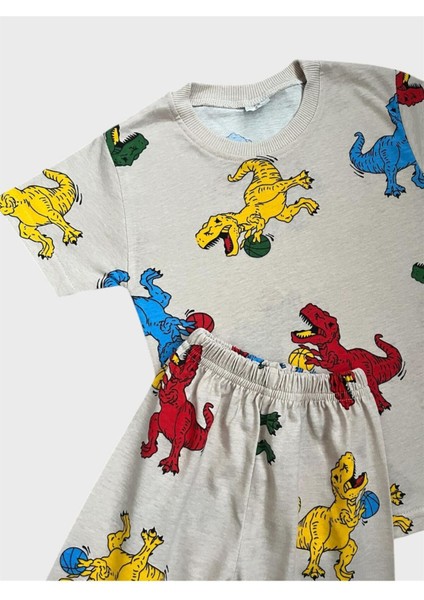 Erkek Çocuk Pamuklu Bej Rengi Dinozor Desenli Kısa Kollu Şortlu Yazlık Pijama Takımı modelleri