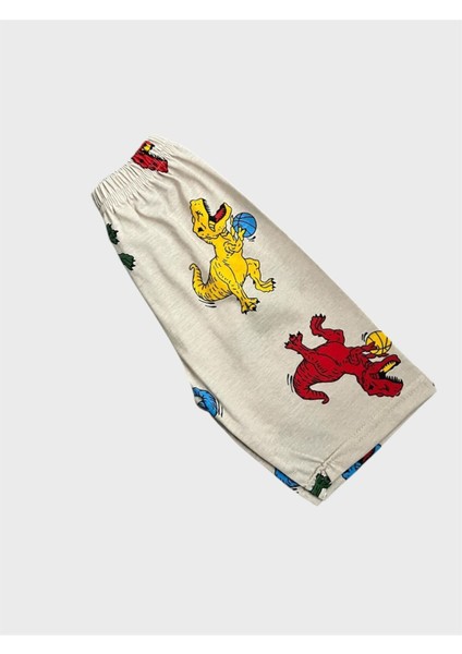 Erkek Çocuk Pamuklu Bej Rengi Dinozor Desenli Kısa Kollu Şortlu Yazlık Pijama Takımı fırsatları