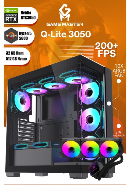 Qlite 3050 R5 5600 Cpu 32GB Ddr4 Ram 512GB M.2 RTX3050 10X Argb Fan Sıvı Soğutuculu Siyah Gaming Pc