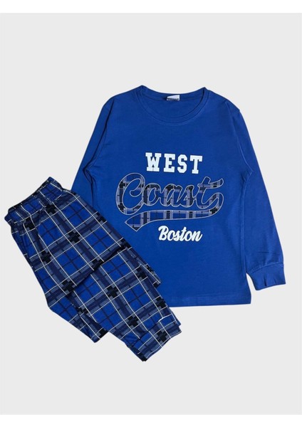 Erkek Çocuk %100 Pamuklu Mavi Renk Ekose West Coast Yazlı Uzun Kollu Mevsimlik Pijama Takımı