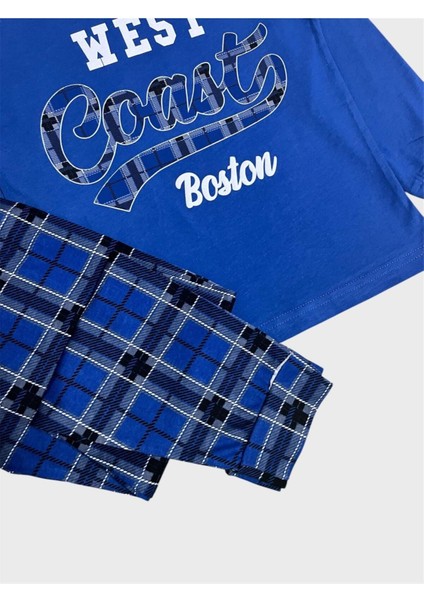 Erkek Çocuk %100 Pamuklu Mavi Renk Ekose West Coast Yazlı Uzun Kollu Mevsimlik Pijama Takımı fiyatları