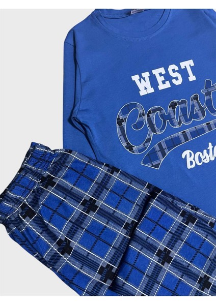 Erkek Çocuk %100 Pamuklu Mavi Renk Ekose West Coast Yazlı Uzun Kollu Mevsimlik Pijama Takımı modelleri