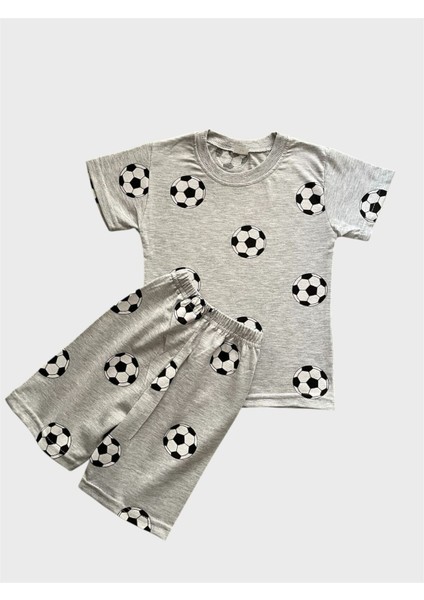 Erkek Çocuk Pamuklu Gri Siyah Beyaz Futbol Topu Desenli Kısa Kollu Şortlu Yazlık Pijama Takımı