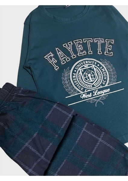 Erkek Çocuk %100 Pamuklu Petrol Yeşili Ekose Desenli Uzun Kollu Mevsimlik Pijama Takımı fiyatları