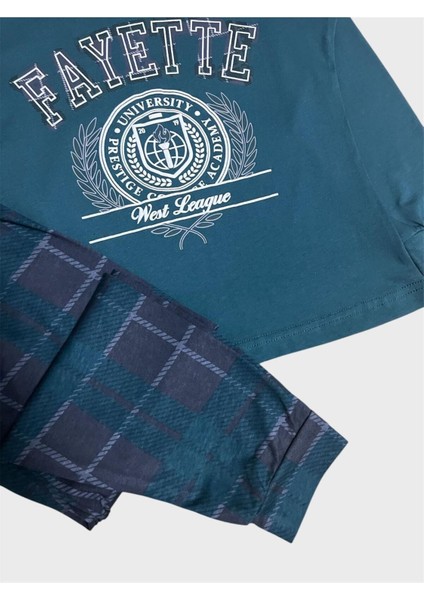 Erkek Çocuk %100 Pamuklu Petrol Yeşili Ekose Desenli Uzun Kollu Mevsimlik Pijama Takımı modelleri