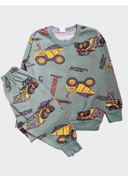 Erkek Çocuk Pamuklu Yeşil Iş Makinesi Kepçe Desenli Uzun Kollu Mevsimlik Pijama Takımı