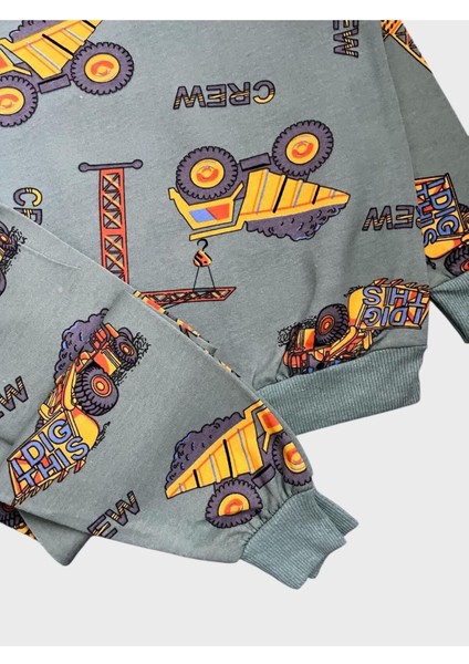 Erkek Çocuk Pamuklu Yeşil Iş Makinesi Kepçe Desenli Uzun Kollu Mevsimlik Pijama Takımı modelleri