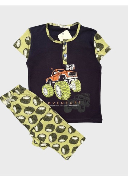 Erkek Çocuk %100 Pamuklu Siyah Yeşil Kısa Kollu Yakası Düğmeli Pijama Takımı
