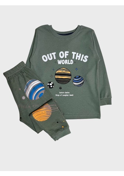 Erkek Çocuk %100 Pamuklu Yeşil Gezegen Desenli Uzun Kollu Pijama Takımı