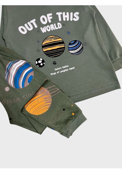 Erkek Çocuk %100 Pamuklu Yeşil Gezegen Desenli Uzun Kollu Pijama Takımı modelleri