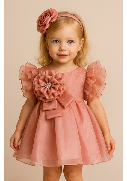 Özel Tasarım Kız Çocuk Elbise, Çiçek ve Inci Detaylı, Kolu Fırfırlı, Taç AKSESUARLI_1025