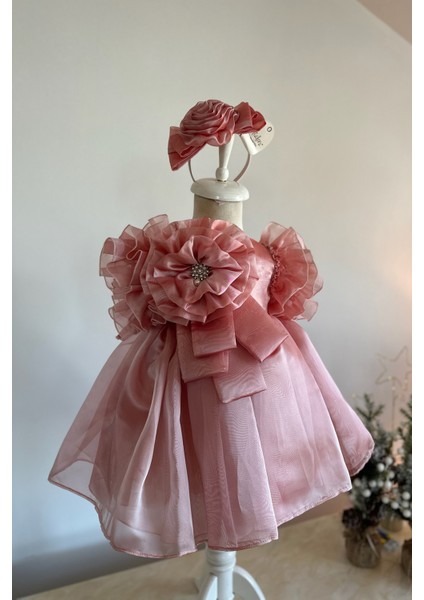 Özel Tasarım Kız Çocuk Elbise, Çiçek ve Inci Detaylı, Kolu Fırfırlı, Taç AKSESUARLI_1025 modelleri