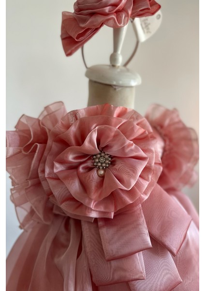 Özel Tasarım Kız Çocuk Elbise, Çiçek ve Inci Detaylı, Kolu Fırfırlı, Taç AKSESUARLI_1025 fırsatları