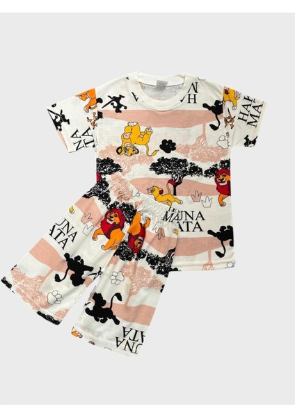Erkek Çocuk Pamuklu Beyaz Aslan Desenli Kısa Kollu Şortlu Yazlık Pijama Takımı