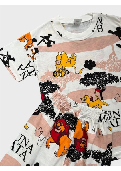 Erkek Çocuk Pamuklu Beyaz Aslan Desenli Kısa Kollu Şortlu Yazlık Pijama Takımı fiyatları