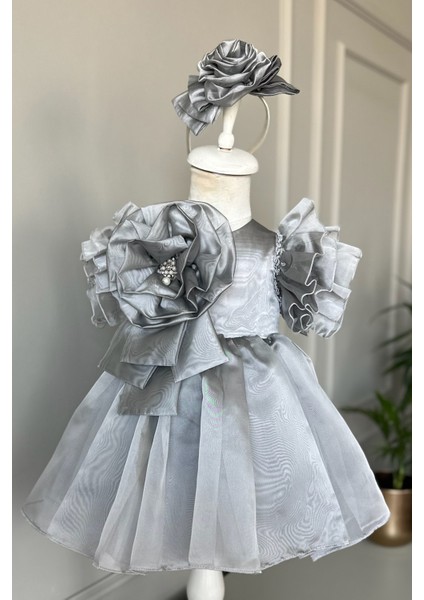 Özel Tasarım Kız Çocuk Elbise, Çiçek ve Inci Detaylı, Kolu Fırfırlı, Taç AKSESUARLI_1025 modelleri