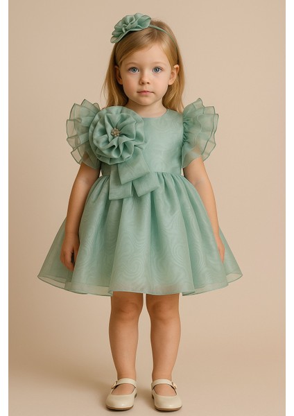 Özel Tasarım Kız Çocuk Elbise, Çiçek ve Inci Detaylı, Kolu Fırfırlı, Taç AKSESUARLI_1025