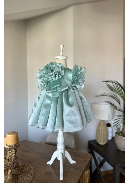 Özel Tasarım Kız Çocuk Elbise, Çiçek ve Inci Detaylı, Kolu Fırfırlı, Taç AKSESUARLI_1025 fiyatları