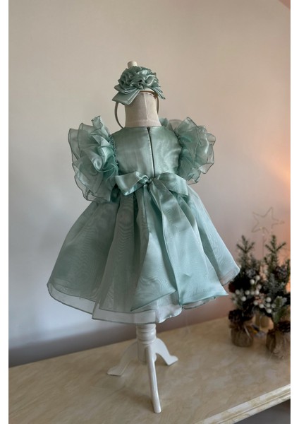 Özel Tasarım Kız Çocuk Elbise, Çiçek ve Inci Detaylı, Kolu Fırfırlı, Taç AKSESUARLI_1025 indirimleri