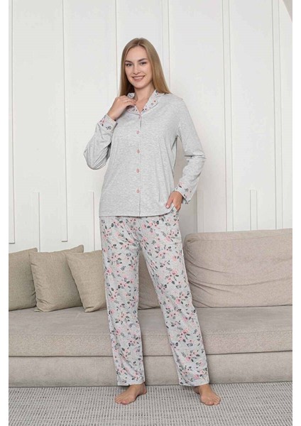 Kadın Bej Kalpli Mevsimlik Boydan Önden Düğmeli Gömlek Yaka Likralı Viskon Uzun Kol Cepli Pijama Takımı