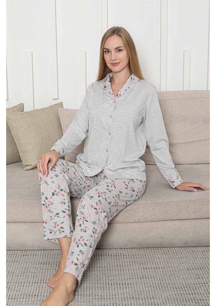 Kadın Bej Kalpli Mevsimlik Boydan Önden Düğmeli Gömlek Yaka Likralı Viskon Uzun Kol Cepli Pijama Takımı fiyatları