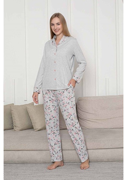 Kadın Bej Kalpli Mevsimlik Boydan Önden Düğmeli Gömlek Yaka Likralı Viskon Uzun Kol Cepli Pijama Takımı modelleri