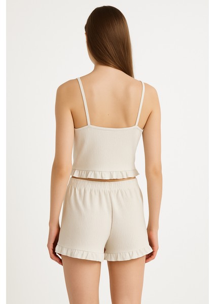 Pamuklu Iğne Çıkarmalı Ince Askılı Crop Atlet Paçası Fırfırlı Şort Kadın Pijama Takımı fiyatları