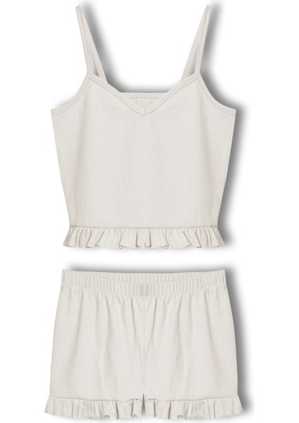 Pamuklu Iğne Çıkarmalı Ince Askılı Crop Atlet Paçası Fırfırlı Şort Kadın Pijama Takımı fırsatları