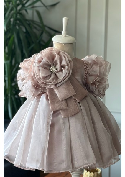 Özel Tasarım Kız Çocuk Elbise, Çiçek ve Inci Detaylı, Kolu Fırfırlı, Taç AKSESUARLI_1025