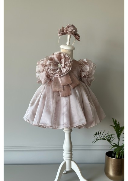 Özel Tasarım Kız Çocuk Elbise, Çiçek ve Inci Detaylı, Kolu Fırfırlı, Taç AKSESUARLI_1025 fiyatları