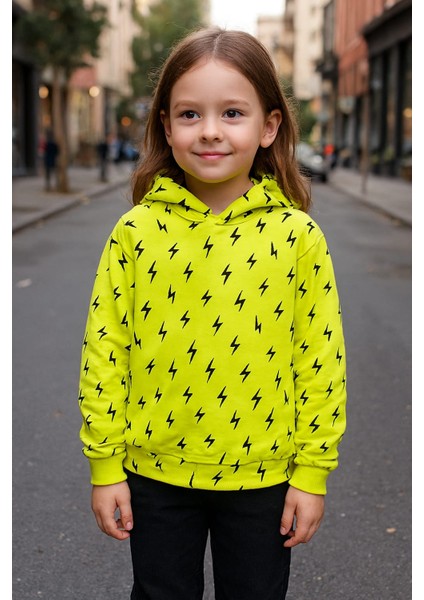 Kapşonlu Şimşek Desenli Yeşil Çocuk Sweatshirt