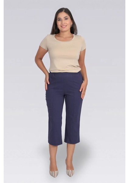 Tolga Saraçoğlu Kadın Ince Kumaş Beli Lastikli Rahat Kesim Kapri 30267 Lacivert
