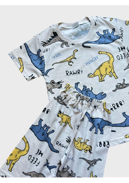 Erkek Çocuk Pamuklu Sütlü Kahve Dinozor Desenli Kısa Kollu Şortlu Yazlık Pijama Takımı fiyatları