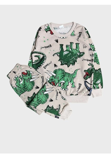 Erkek Çocuk Pamuklu Şardonlu Krem Rengi Dinozor Desenli Uzun Kollu Kışlık Pijama Takımı