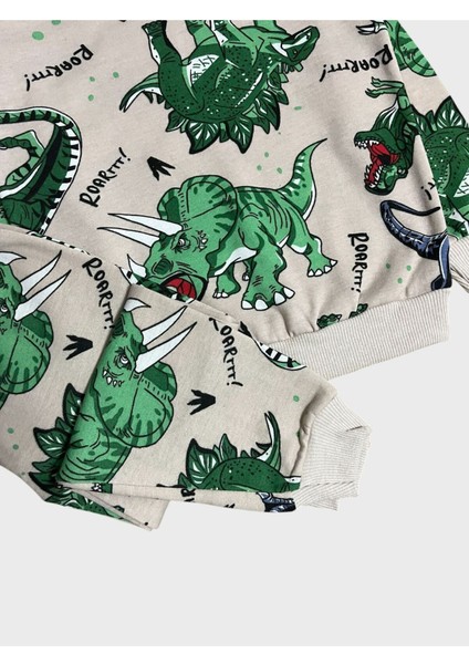 Erkek Çocuk Pamuklu Şardonlu Krem Rengi Dinozor Desenli Uzun Kollu Kışlık Pijama Takımı fiyatları