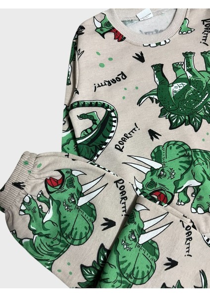 Erkek Çocuk Pamuklu Şardonlu Krem Rengi Dinozor Desenli Uzun Kollu Kışlık Pijama Takımı modelleri