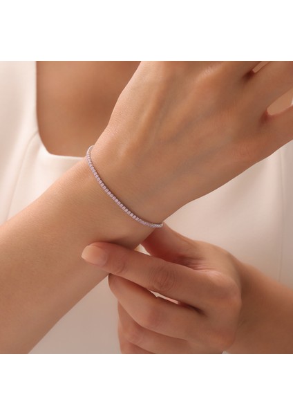 925 Ayar Gümüş Mor Renk Zirkon Taşlı Rodyumlu Ayarlanabilir Şık Suyolu Bileklik