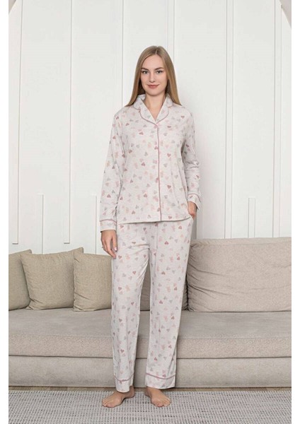 Kadın Bej Kalpli Mevsimlik Boydan Önden Düğmeli Gömlek Yaka Likralı Viskon Uzun Kol Cepli Pijama Takımı fırsatları