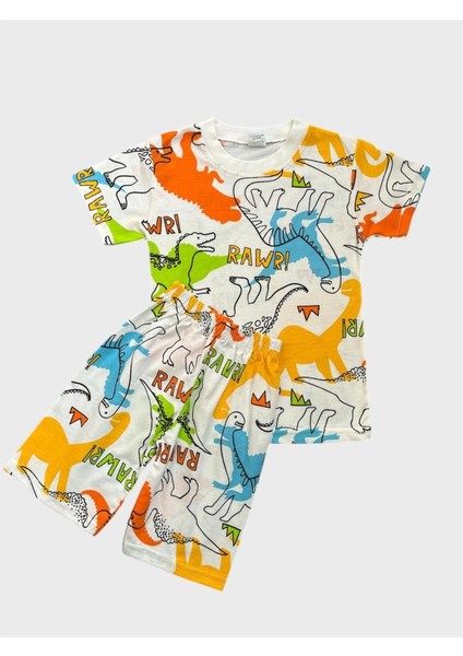 Erkek Çocuk Pamuklu Beyaz Dinozor Desenli Kısa Kollu Şortlu Yazlık Pijama Takımı