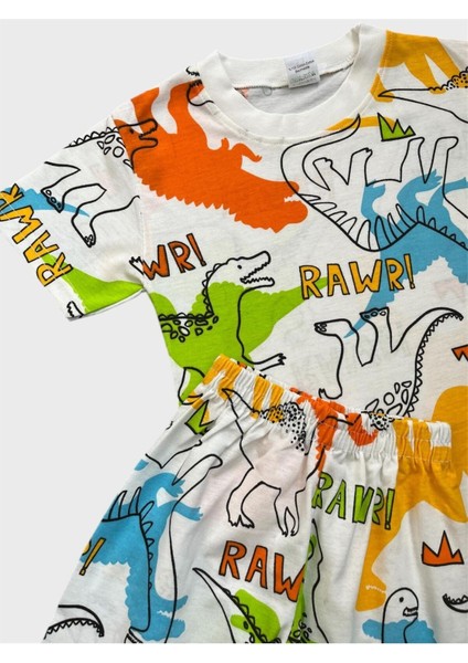 Erkek Çocuk Pamuklu Beyaz Dinozor Desenli Kısa Kollu Şortlu Yazlık Pijama Takımı fiyatları