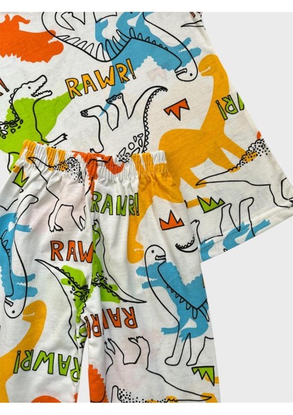 Erkek Çocuk Pamuklu Beyaz Dinozor Desenli Kısa Kollu Şortlu Yazlık Pijama Takımı modelleri