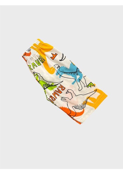 Erkek Çocuk Pamuklu Beyaz Dinozor Desenli Kısa Kollu Şortlu Yazlık Pijama Takımı fırsatları