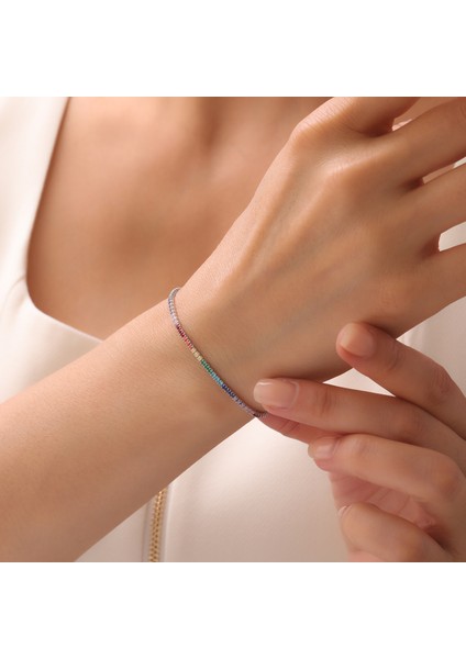 925 Ayar Gümüş Renkli Zirkon Taşlı Rodyumlu Ayarlanabilir Şık Suyolu Bileklik