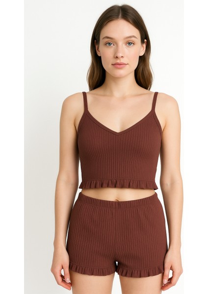 Pamuklu Iğne Çıkarmalı Ince Askılı Crop Atlet Paçası Fırfırlı Şort Kadın Pijama Takımı