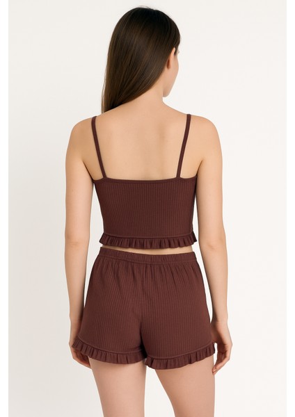 Pamuklu Iğne Çıkarmalı Ince Askılı Crop Atlet Paçası Fırfırlı Şort Kadın Pijama Takımı fiyatları