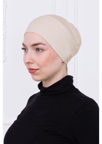 Geçmeli Bone Önü Dikişsiz Kaymaz Lastikli Kadın Tesettür Pratik Geçme Iç Bone Bej