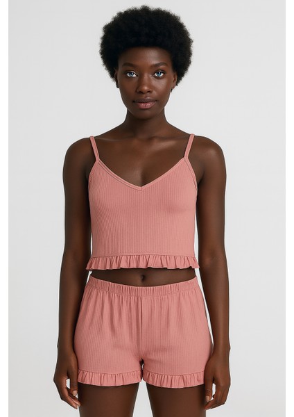 Pamuklu Iğne Çıkarmalı Ince Askılı Crop Atlet Paçası Fırfırlı Şort Kadın Pijama Takımı