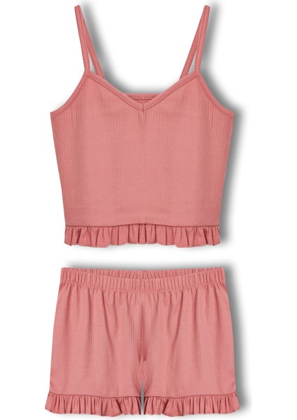 Pamuklu Iğne Çıkarmalı Ince Askılı Crop Atlet Paçası Fırfırlı Şort Kadın Pijama Takımı fırsatları