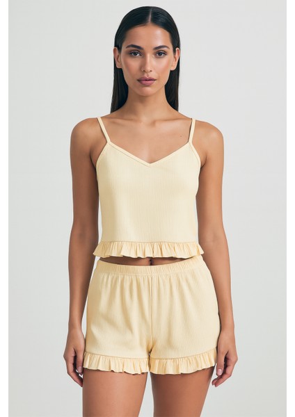 Pamuklu Iğne Çıkarmalı Ince Askılı Crop Atlet Paçası Fırfırlı Şort Kadın Pijama Takımı