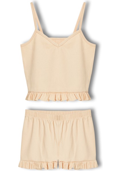 Pamuklu Iğne Çıkarmalı Ince Askılı Crop Atlet Paçası Fırfırlı Şort Kadın Pijama Takımı modelleri
